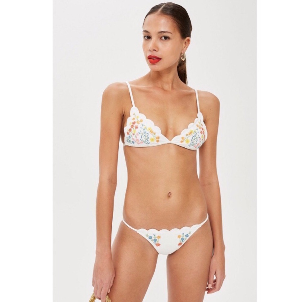 White Floral Embroidered Bikini Bottom